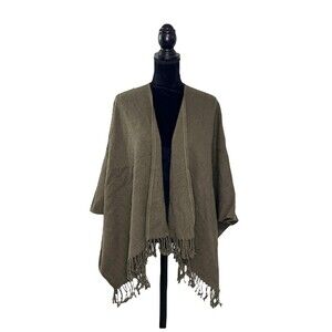 Talbots Womans One Size Green Brown Wool Blend Fringe Poncho Open Shawl Cardigan
